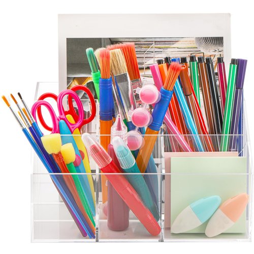 Dicunoy Acrylic Desk Organizer, Clear Pen Holder with 7 Compartments, Stationary Notebooks Pencils Storage for School, Classroom, Artist, Student, Office, Craft Room Supplies, Makeup Organization