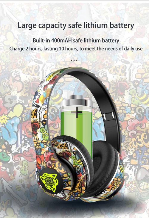 MODIDSTU Graffiti Style Over-Ear Headphones - Wireless Bluetooth 5.0, Hi-Fi Stereo Sound, Comfortable Soft Earpads, 30-Hour Playtime, Built-in Mic for Hands-Free Calls (A)