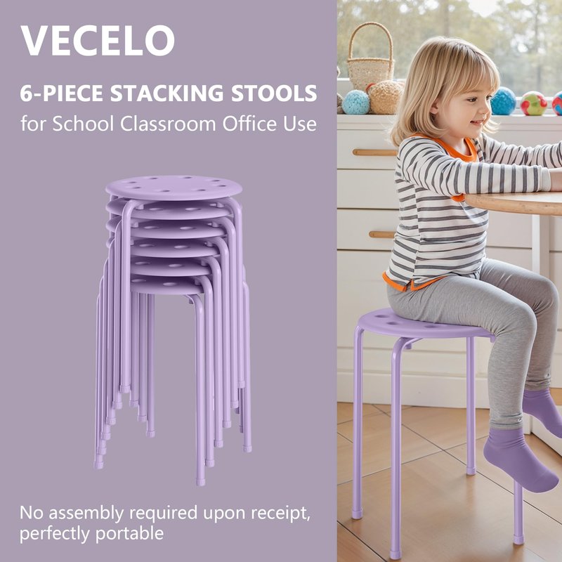 VECELO Stackable Stools Set of 6, 17.7 Inch Standard Height, Portable Plastic Colourful Decoration Stools for School Classroom and Office, No Assembly Required, Purple