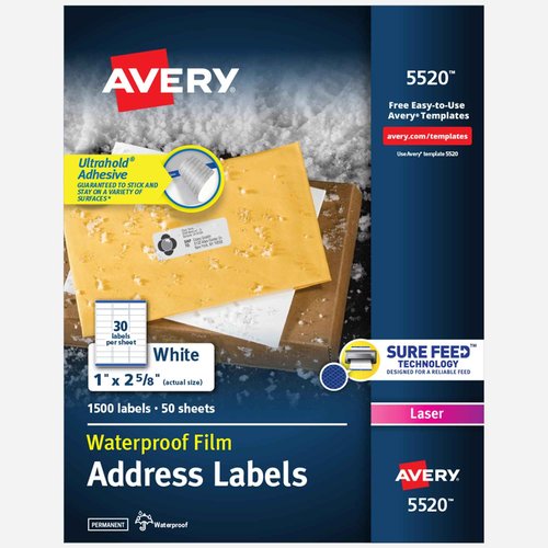 Avery Waterproof Sticker Labels for Printer - 1" x 2-5/8" Mailing Labels, Ultrahold Permanent Adhesive, Laser Printers, 1,500 Printable Avery Address Label Sheets (5520)