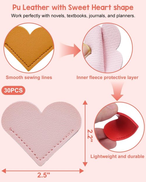 Skiennix 30Pcs Leather Heart Bookmarks - Cute Corner Bookmarks for Book Lovers Gifts
