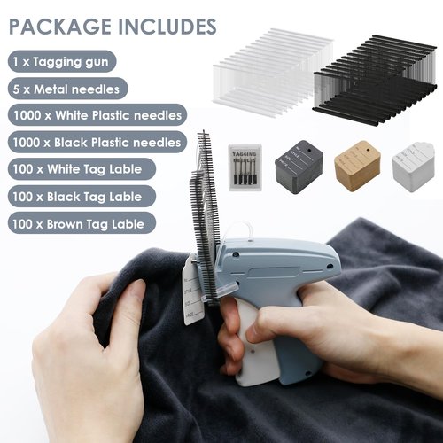 Tagging Gun for Clothing, Tag Attacher Gun with 5 Steel Needles, 2000 pcs 2" Black and White Barbs Fasteners & 300 Clothing Labels, Yard Sale Retail Store Tagging Gun Set (Not Mini Stitch)
