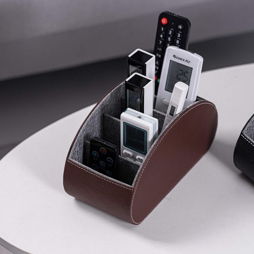 Wide Remote Control Holder , PU Leather Organizer Box with 5 Compartments for Table Office ,Remote Caddy Desktop Storage with Phone Holder, Home Accessories for Controllers , Media Player (Brown2)
