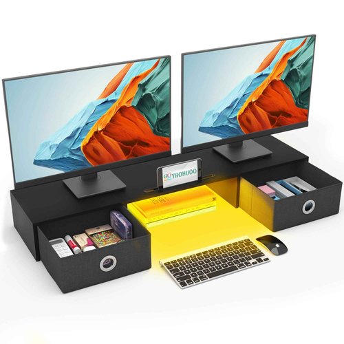YAOHUOO Dual Monitor Stand with LED Light 2 Drawers, Computer Monitor Riser for 2 Monitors, Large Desktop Organzier with Storage for PC/Laptop/Computer/TV Screen/Printer