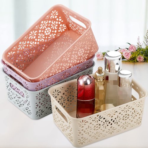 Frcctre 8 Pack Plastic Storage Baskets, Portable Small Pantry Organizer BasketS Bins with Handle, Stackable Household Organizers Nursery Basket for Home, Kitchen Cabinet Countertop Bedroom Bathroom