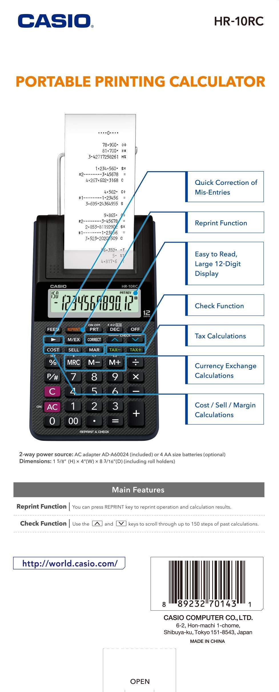 Casio HR-10RC Mini Desktop Printing Calculator | Portable | 12-Digit Display | One-Color Printer | Tax & Currency | Ideal for Taxes, Bookkeeping & Accounting Tasks, Black