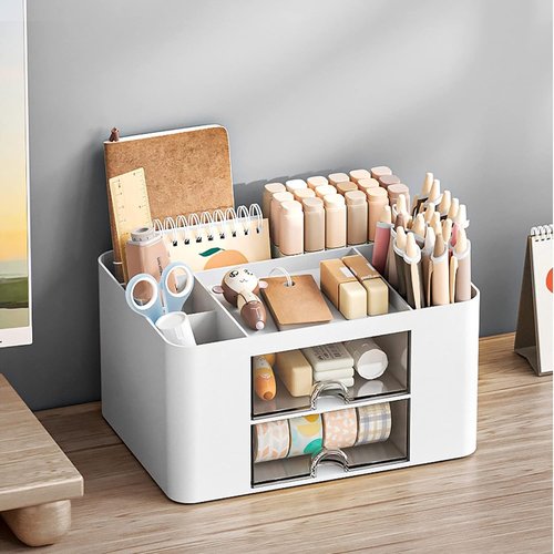 Catekro Desk Organizer with 2 Drawer, Multi-Functional Pencil Holder for Desk, Desk Organizers and Accessories with 5 Compartments + Drawer, Office Supplies, Vanity Table Office School Home(White)