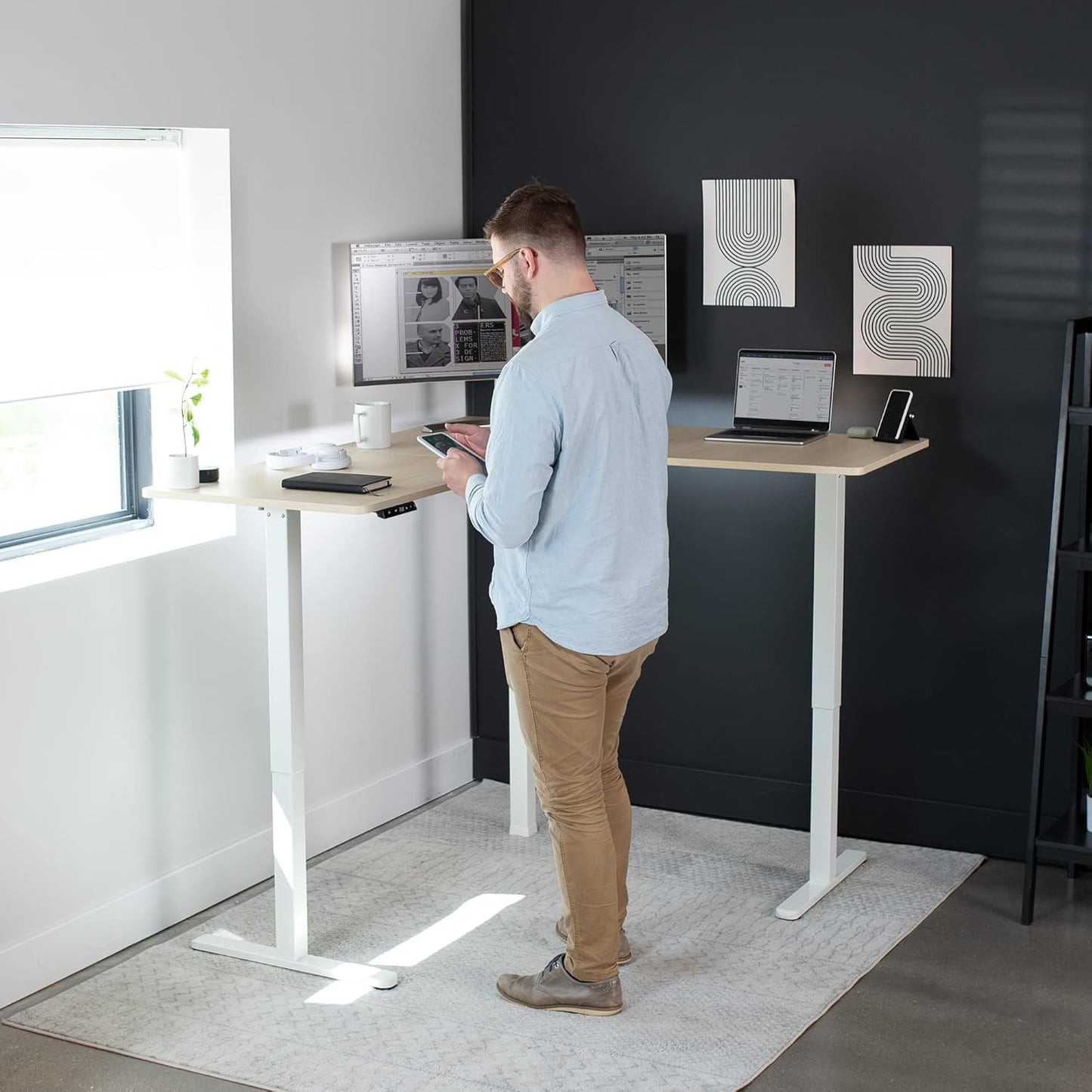 VIVO L-Shaped Standing Desk - 63 x 55 Inch Electric Height Adjustable Workstation | Light Wood Top & White Frame