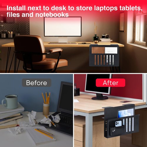 Gorviomy Desk Organizer for Laptop Clamp-On Desk Shelf, No Drilling Standing Desk Drawer, Under Desk Cable Management Tray,Attachment For Office Supplies & Studio Essentials (Black)