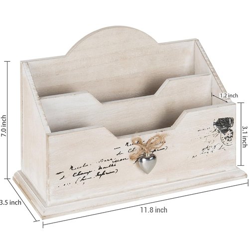 MyGift Whitewashed Wood Office Desktop Letter Mail Sorter, Decorative 2 Compartment Desk Stationery Organizer with Metal Heart Ornament
