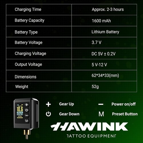 HAWINK Tattoo Gun Kit - LCD Power Supply, 3.7V Lithium Battery, 7 Inks & Stencil Gel | Complete Set