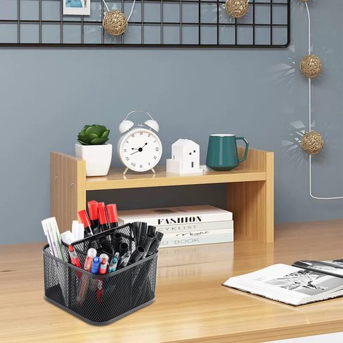 Yomjarl Desk Pen Organizers,360 Degree Rotating Pen Holder with Handle,Desk Organizer Office Supplies,Metal Mesh Makeup Organizer,Workspace and Home,Art Supply Storage Box Caddy-Rectangular,