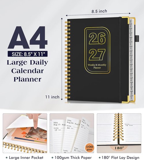 2026-2027 Planner | Skiennix 18-Month Hardcover Weekly & Monthly Organizer - Large A4, Black