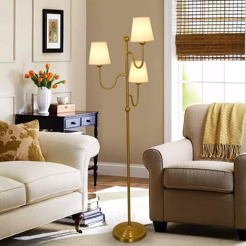 YYJLX Modern Floor Lamp with Dimmable Switch 3 Light Tree Standing Tall Lamp with Linen Drum Shade Mid Century Gold Corner Lamp for Living Room Bedroom Office