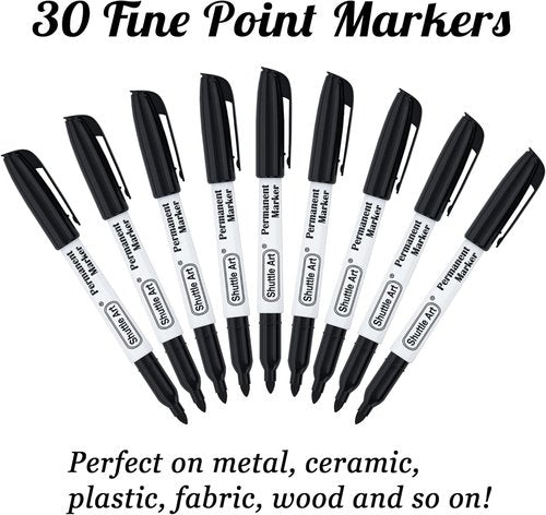 Shuttle Art Permanent Markers - 30 Pack Fine Point Black Markers for Plastic, Wood, Metal & Glass