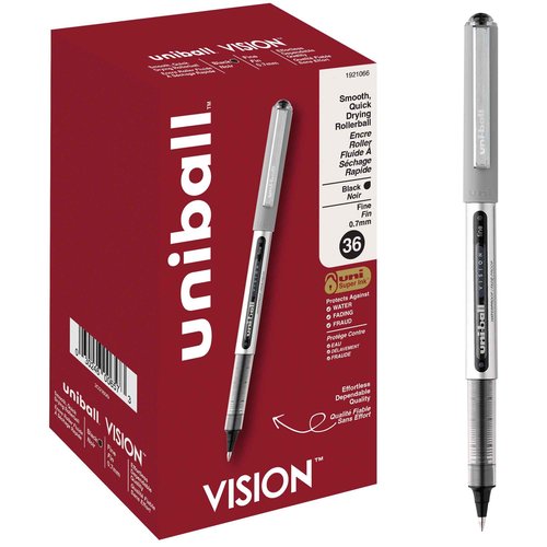 uniball Vision Rollerball Pens, Fine Point (0.7mm), Black, 36 Pack