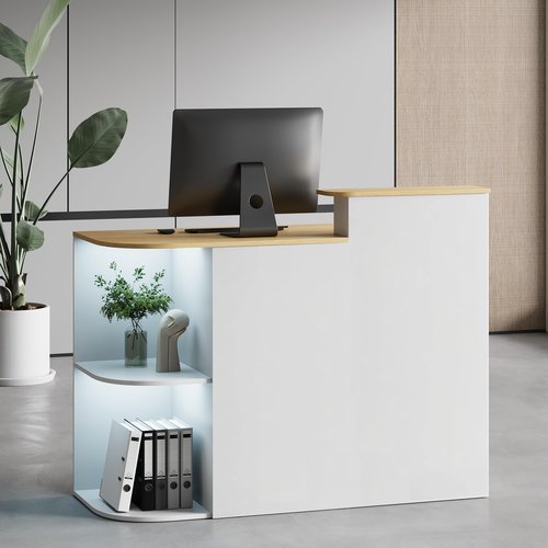 Kikihouse Modern Reception Desk & DIY Metal Strips, Front Desk with LED Light and Hidden Power Outlet, Reception Counter Table for Checkout, Office, Lobby, Nail Salon Spa (White+Wood)