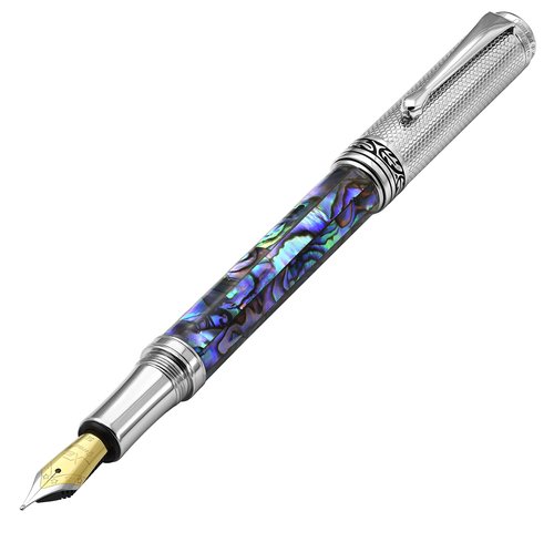 Xezo Maestro Fountain Pen, Medium Nib. Pāua Abalone Sea Shell Inlay with Chrome Plating. Handcrafted, Limited Edition, Serialized. No Two Pens Alike