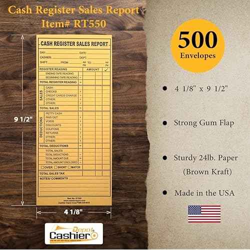 500 Cashier Depot RT550 Cash Register Sales Report Envelope, 4 1/8" x 9 1/2", Gum Flap, 24lb. Brown Kraft (500)