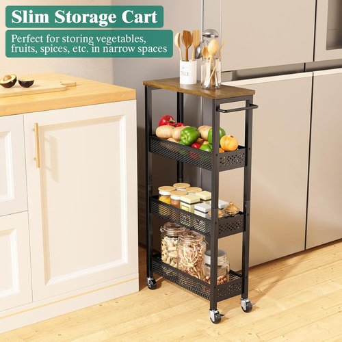 Giwil Slim Rolling Storage Cart - 4-Tier Bathroom Organizer with Wood Top & Handle | Black