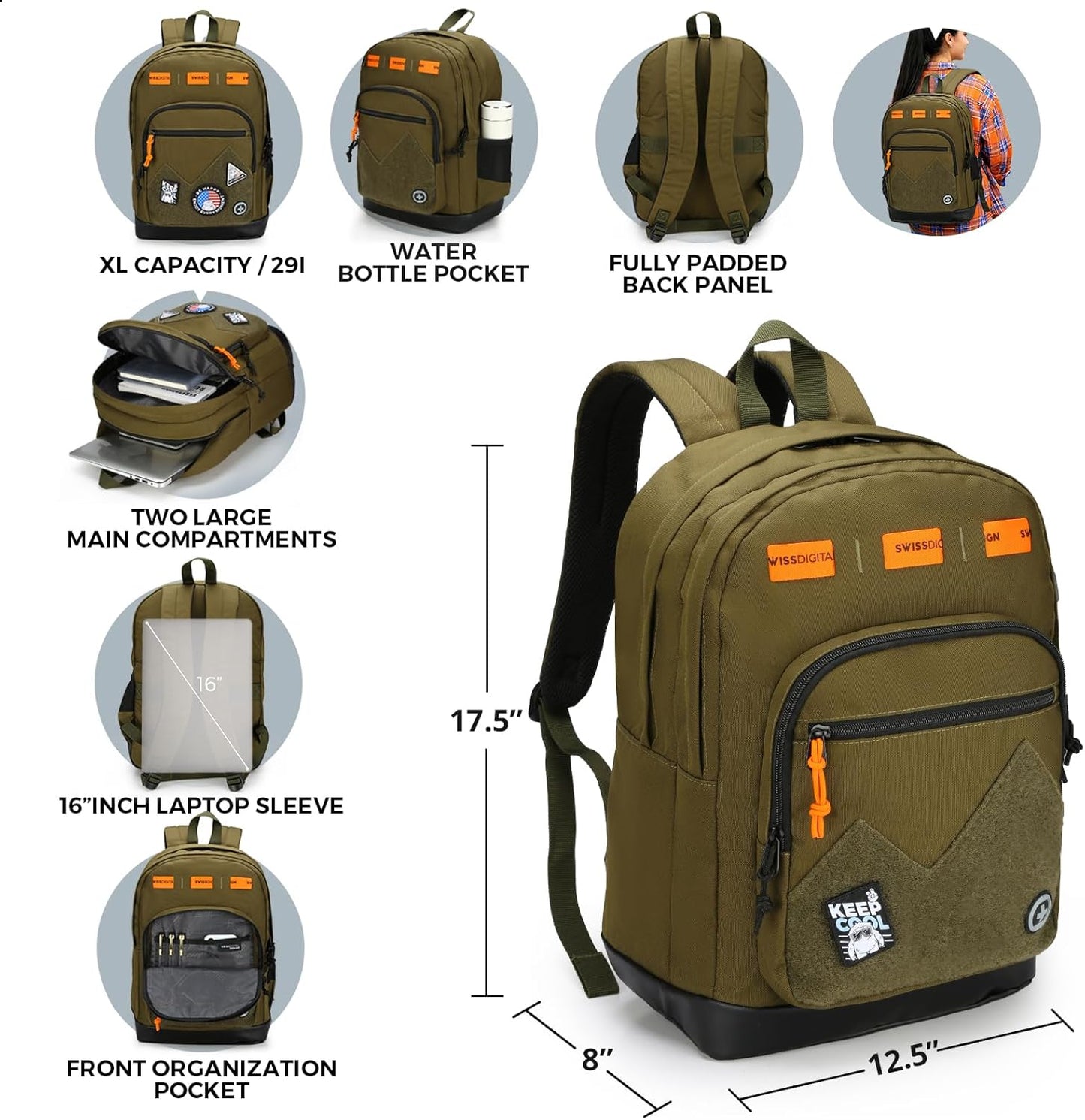 Swissdigital Big Student Laptop Backpack - Fun Personalized Patches for Teens | Olive Color - SD1718-26