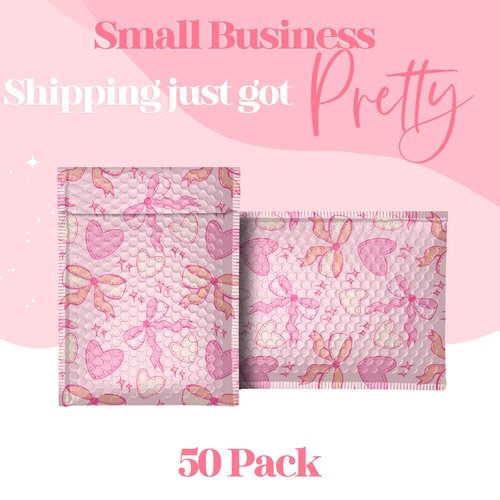 6x9 Designer Bubble Poly Mailer 50 Pack Heavy Duty Waterproof Self Seal Shipping Bags for Small Business Large Mailing Envelopes Bulk Tear Resistant Padded Pink Coquette Bubble Mailer