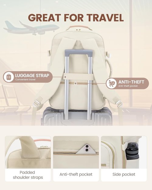 LOVEVOOK Travel Backpack - 50L Airline Approved Carry-On Bag | Waterproof with 3 Packing Cubes - Beige