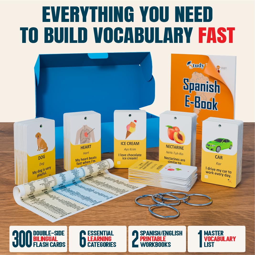 300 Bilingual English Spanish Flash Cards for Adults & Kids Ages 12+ Beginners - Noun Vocabulary with Pictures, Pronunciation, Sentences, Adult Self Study & Learn Spanish Workbooks for Adults
