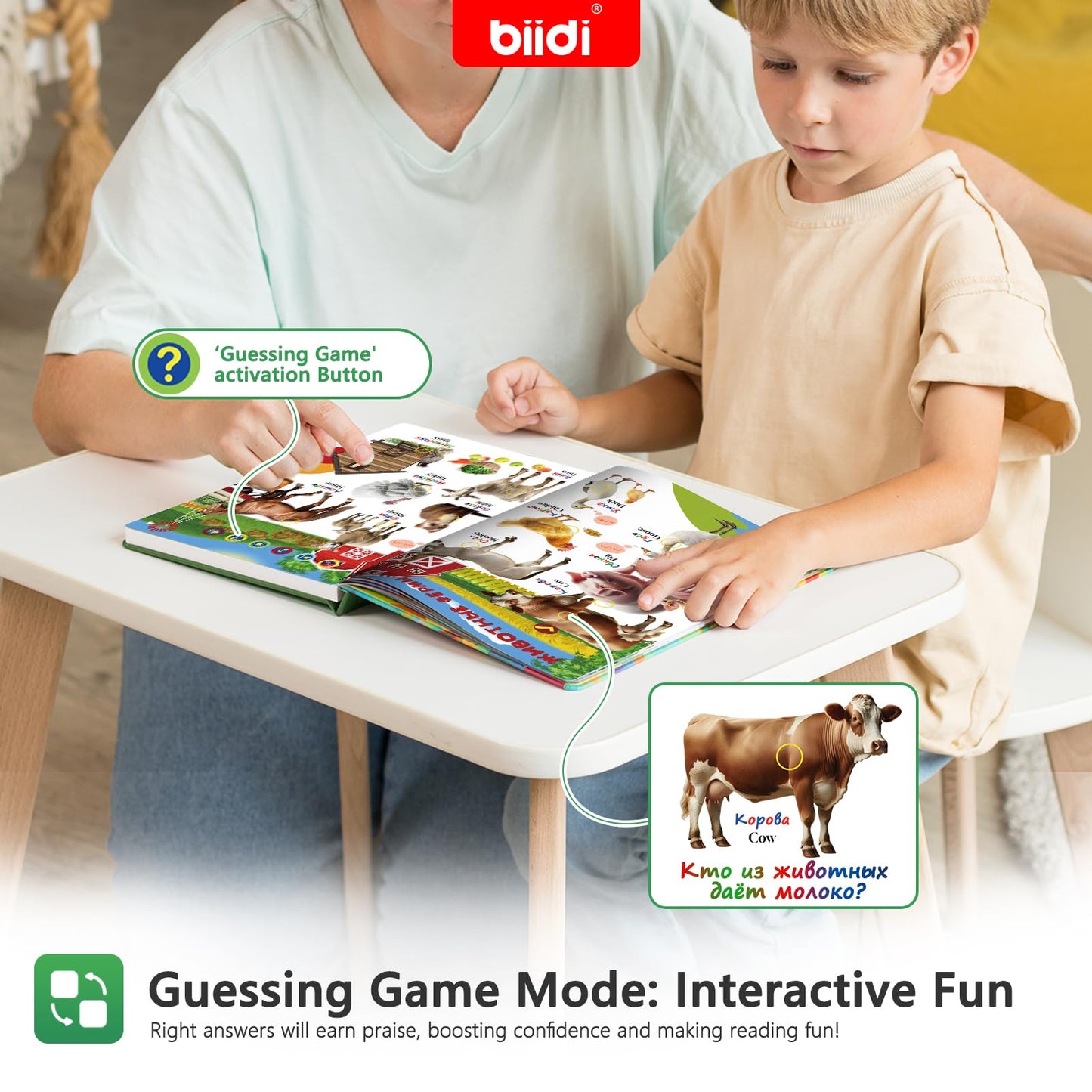 biidi English & Russian Bilingual Interactive Sound Book for Toddler 3-5,40 Songs&30 Stories,Rechargeable Talking Book,Learing Toy for Kids,Boys Girls Birthday, 1600+ Sounds,171 Animals