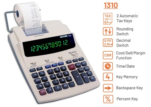 Victor 1310 Big Print Printing Calculator, 12-Digit LED Display, Fast Ink-Free Printing (8.0 LPS), Cost/Sell/Margin Keys, Advanced Business Functions, 2-1/4" Thermal Paper