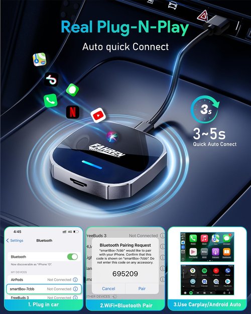 FAHREN Wireless CarPlay Adapter for iPhone& Android Auto, Support Netflix/YouTube, Mini Android Auto Wireless Adapter, Plug & Play,Only Fit with The 2018+ Cars with OEM Wired CarPlay