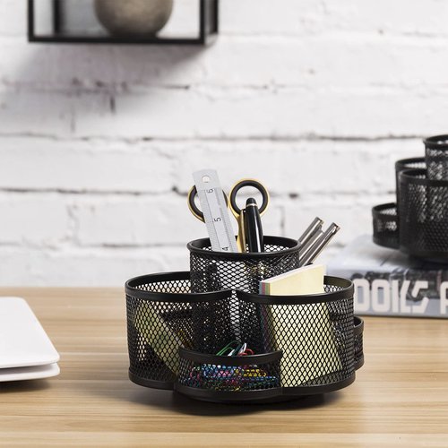 Jaugufiy 360 Rotatable Metal Mesh Desktop Pen Holder Pencil Holder Pencil Organizer Stationery Organizer Pen Pot Makeup Brush Organizer for Home School Office (Black)