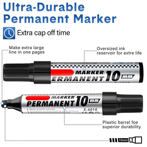Thenshop 60 Pcs Jumbo Permanent Markers Bulk 10mm Chisel Tip Black Thick Permanent Markers Set Waterproof Jumbo Marker for Industrial Use Work on Wood Metal Glass Window Car Glass Paint Pen