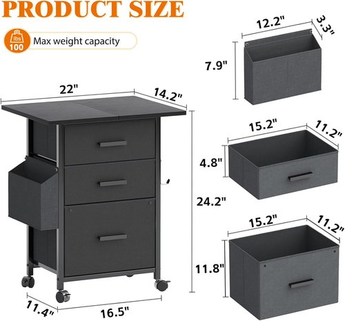 Mexin 3 Drawer File Cabinet - Mobile Printer Stand with 24'' Extended Desktop | Black, A4 Size, Home Office