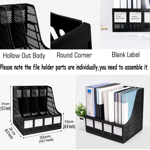 SAYEEC Desktop Magazine Holder - 4-Compartment Vertical File Organizer for Home & Office - Black