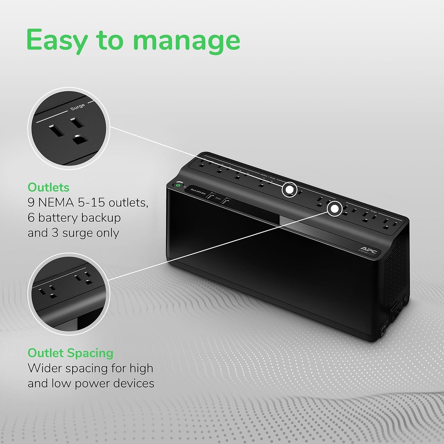 APC UPS Battery Backup & Surge Protector for Power Outages, 35 Minute Runtime (850VA/450W), Protects PC, Router, NAS & Home Office | Model BE850G2