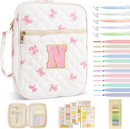 Skiennix Personalized Initial Bible Cover - Stylish Quilted Case with Handle for Women & Girls | Pink Bow-N