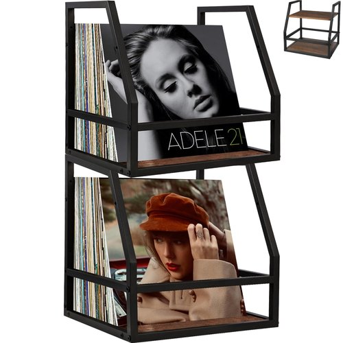Y&M 2 In 1 Vinyl Record Storage Crate, 2 Pack Wood LP Holder, Wall Mount or Desktop Metal Album Organizer, Holds 80+ Records, Multifunctional Stackable Magazine Display Shelf, Brown