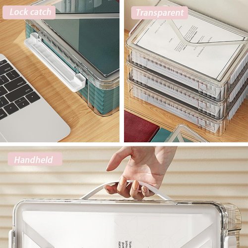 RHONZHAO 2 Pack Clear Plastic File Boxes w/Latching Lids, Stackable A4 Storage (‎White Latches, Large)