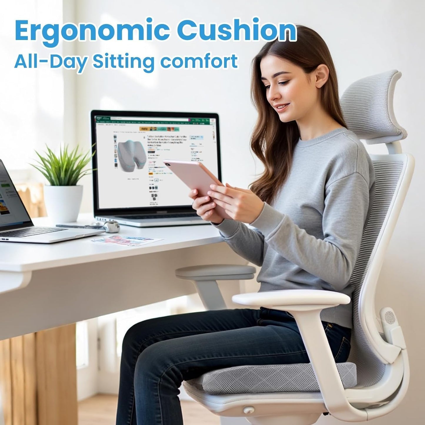 TushGuard Memory Foam Seat Cushion - Non-Slip Tailbone Pain Relief Pad for Office & Car | Light Grey, XX-Large