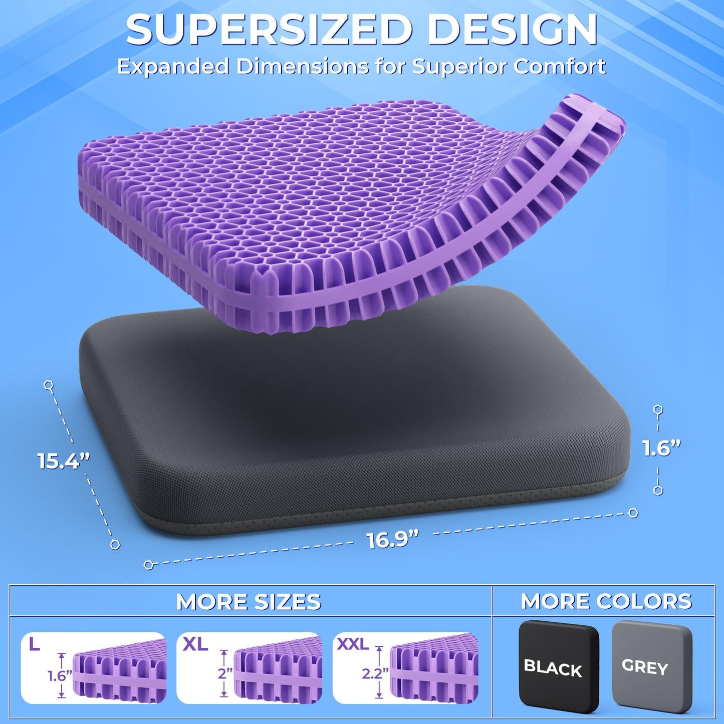 TushGuard Gel Seat Cushion for Long Sitting, Enlarged & Thickened Patent Design, Breathable Cooling for Office Chair, Soft Car Seat Cushion for Wheelchair (Standard, Grey)