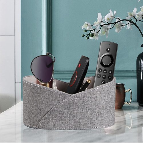 PU Leather Remote Control Holder with 3 Compartments, Modern Design Desk Accessories Workspace Organizer for Office/School/Home, Modern Nightstand Caddy Organizer for Makeup/Vanity/Stationery,Grey