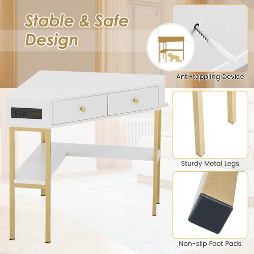 Giantex Corner Desk with Charging Station, 90 Degree Triangle Computer Desk with 2 Drawers & Storage Shelf, L-Shaped Writing Desk Makeup Vanity Table, Compact Corner Desk for Small Spaces (White)