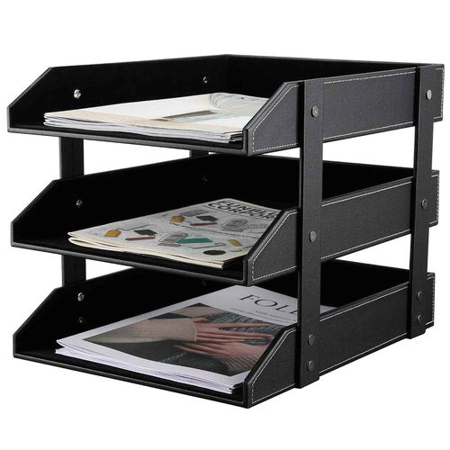 KINGFOM Letter Tray, Leather Paper Organizer Tray, Wooden Desk File Holder, Desktop File, Stackable Magazine Holder, Mail Sorter, Great for Home or Office - 3 Level Black
