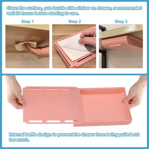 PATIKIL Under Desk Drawer, 4 Pcs Under Table Storage Self-Adhesive Attachment Drawers Organizer for Pens Standing Desk Office Studio Home, Pink, Small