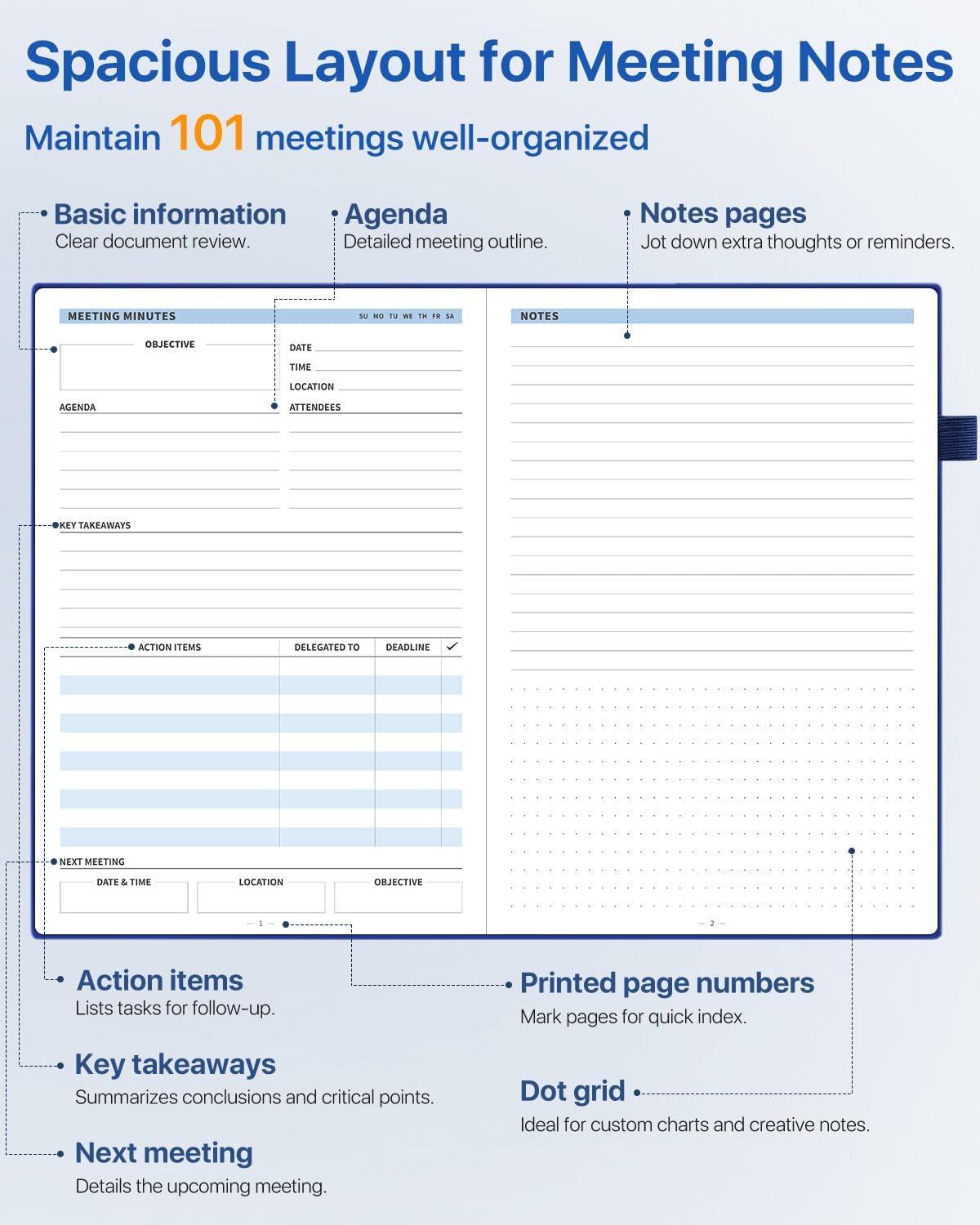 WEMATE Meeting Notebook - B5 Project Planner for Work | Action Items & Agenda Tracking, Dark Blue, 7x10 Inch