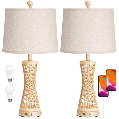 24.4” Farmhouse Rattan Table Lamps Set of 2, Touch Bedside Lamps for Bedroom with 3-Way Dimmable Night Light, USB A+C Charging Ports, Bamboo Boho Nightstand Lamp with Cream Linen Shade(Bulbs Included)