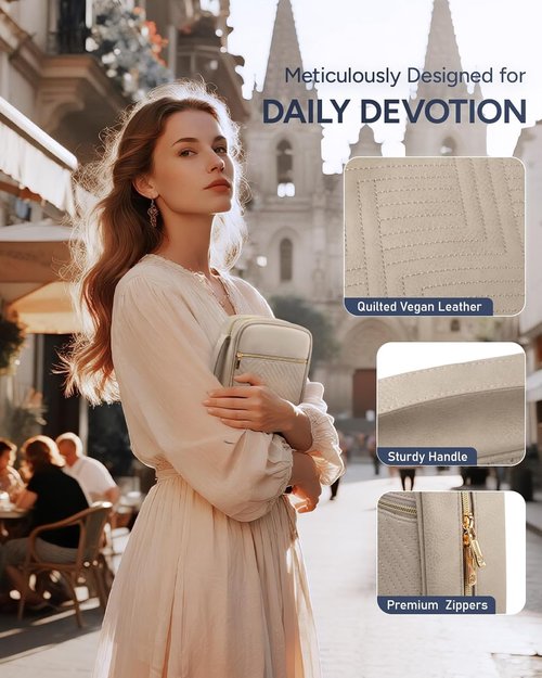 BellaHold Quilted Vegan Leather Bible Cover - Color-Blocked Case with Handle for Women | XL Desert Taupe