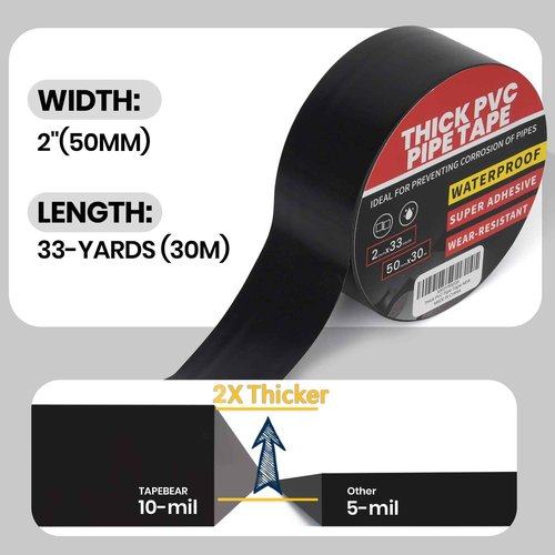 TAPEBEAR 24 Rolls Corrosion Protection Pipe Tape, 10mil Pipe Wrap Tape for Drain Pipe, Metal Electrical Outdoor Underground Pipe, Waterproof PVC Black Tape Thicker for Hose Leak Proof, 2Inch x 33Yard