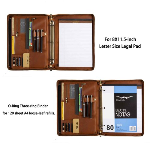 Leather Portfolio, Professional Binder Organizer for Lefty & Righty, 3 Ring Portfolio Personalized Zipper Binder, Leather Padfolio for Men (Brown, Standard)